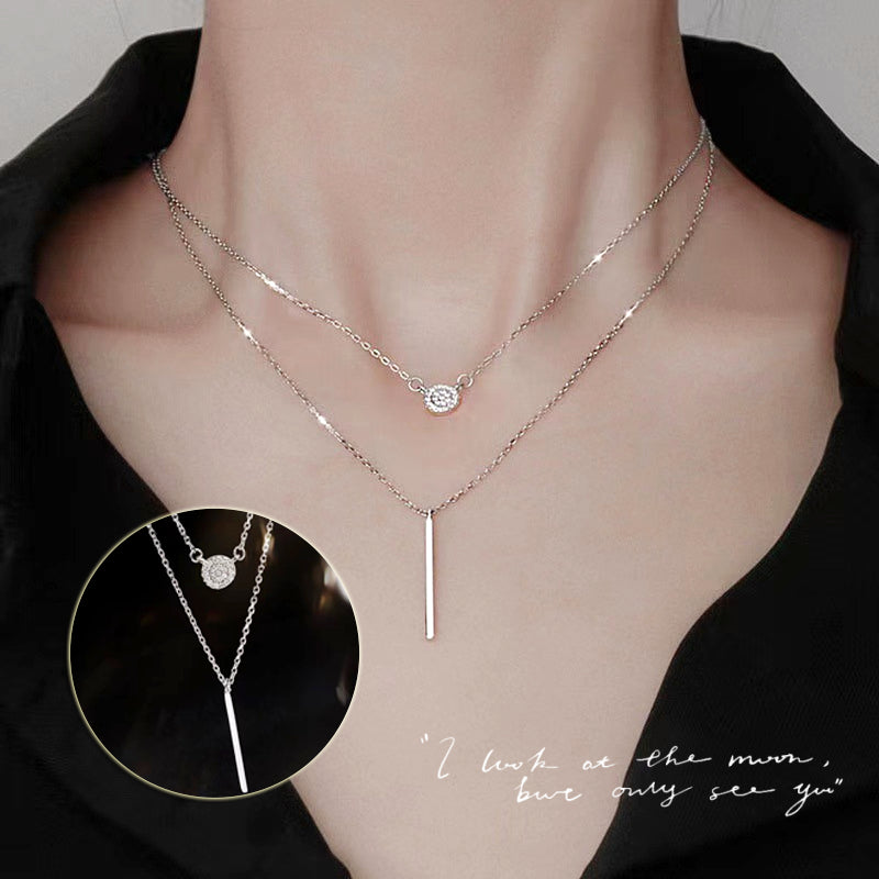 Double Chain Long Stick Micro Pavé Pendant Necklace | S925 Silver