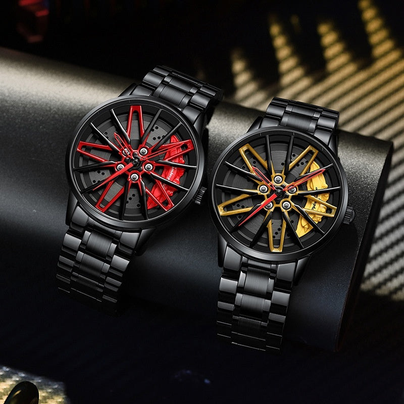Huracan Rotating Wheel 3D Hollow Men's Watch | All Black | 44mm | Quartz | Red & Yellow