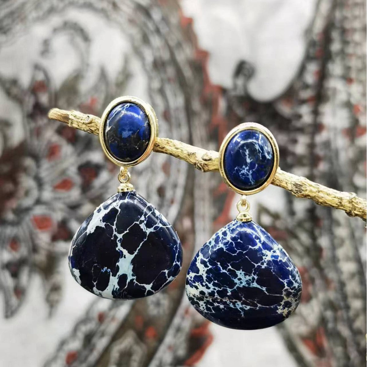 Natural Stone Emperor Drop Earrings | Ancient Imperial Style | 5 Stone Colors