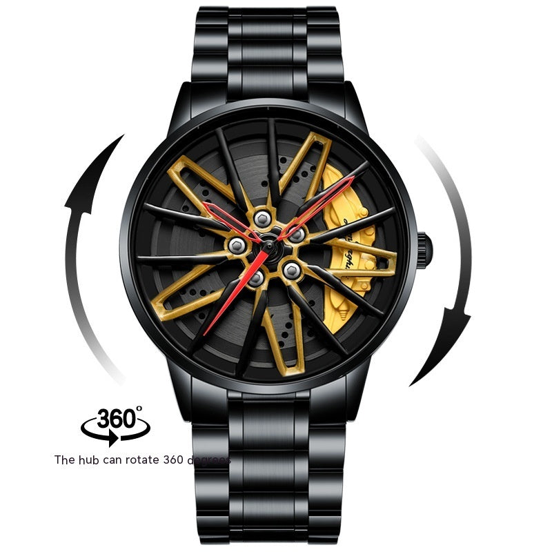 Huracan Rotating Wheel 3D Hollow Men's Watch | All Black | 44mm | Quartz | Red & Yellow