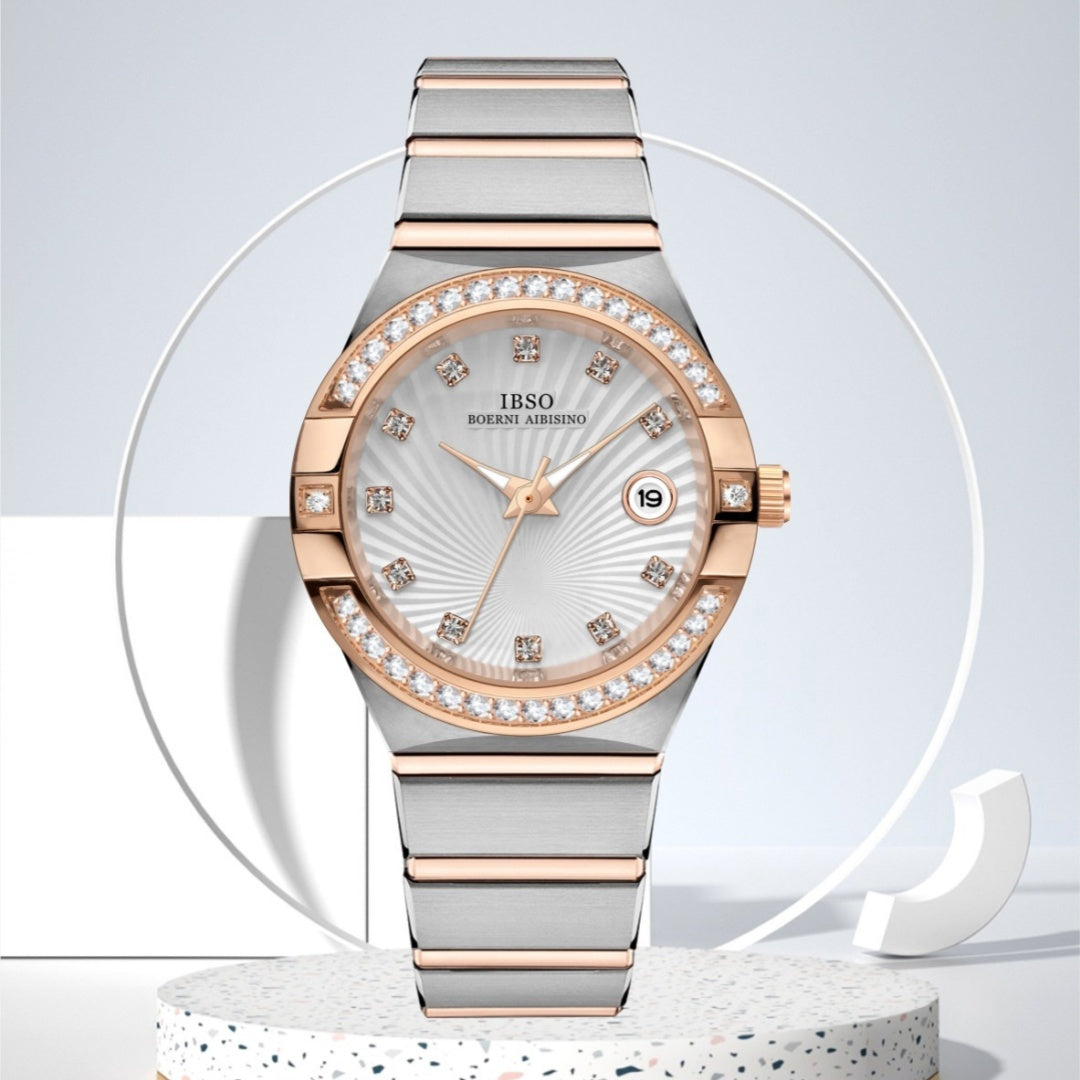 Women's Diamond Calendar Quartz Watch | Mineral Glass | Gold & Pink | Casual Luxury Watch