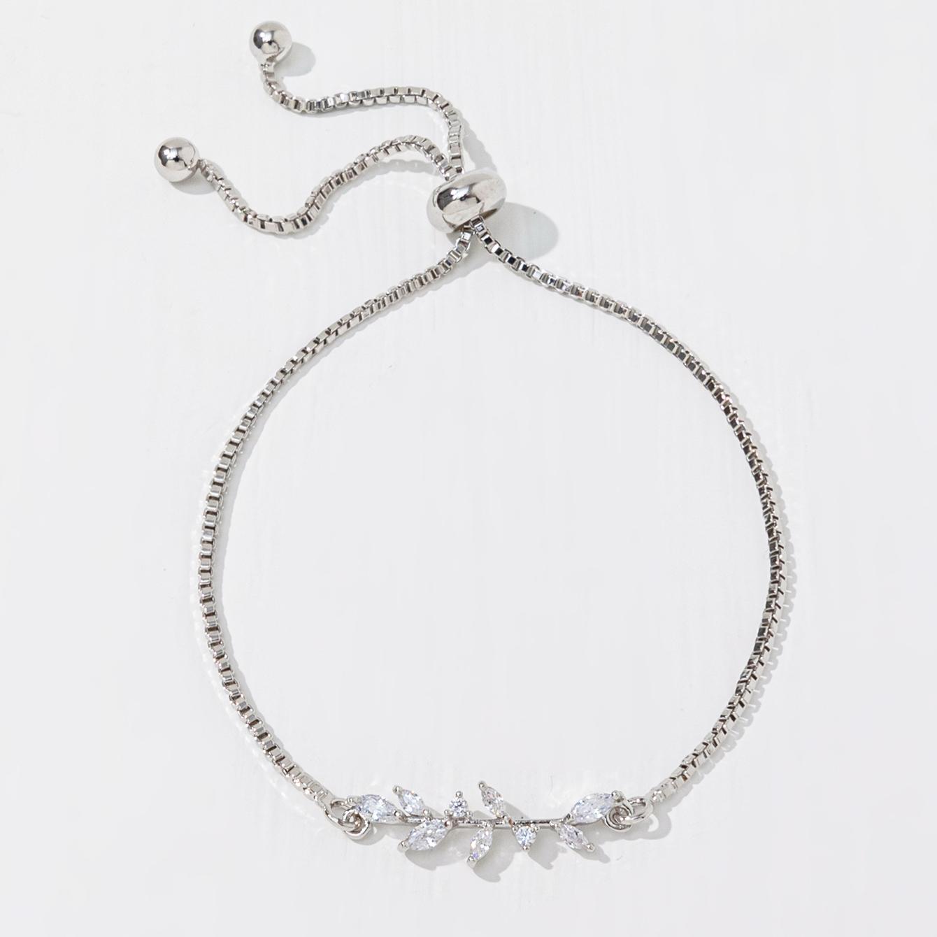 2pcs Fashion Silver Horse Eye Crystal Zircon Leaf Bracelet And Ring,Pulling Bracelet