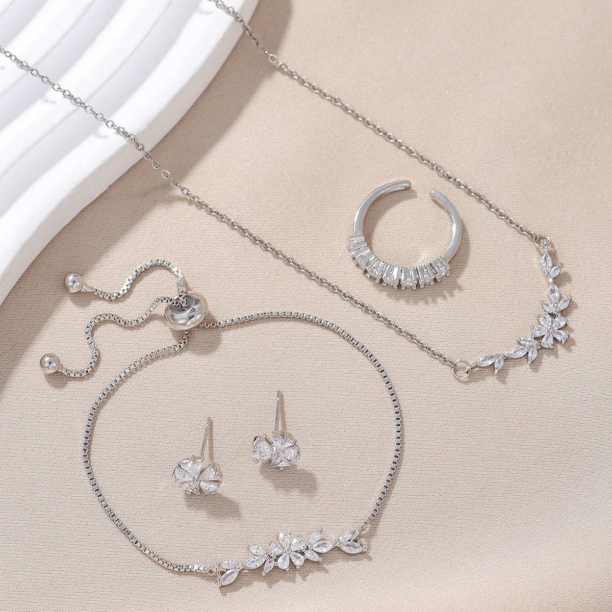 Silver Flower Zircon Jewelry Set | 5-Piece Complete Look