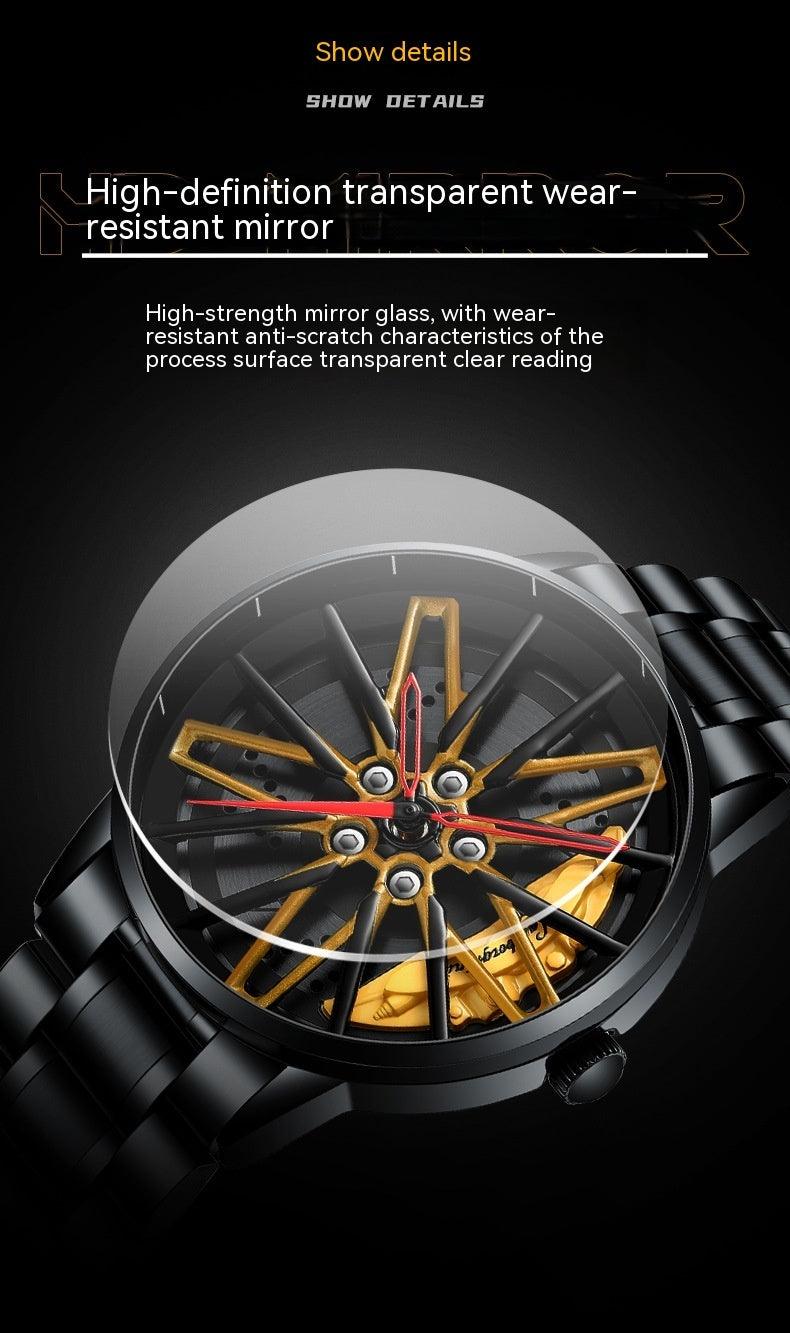 Huracan Rotating Wheel 3D Hollow Men's Watch | All Black | 44mm | Quartz | Red & Yellow