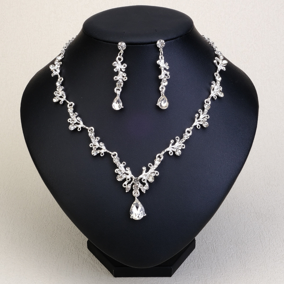 Rhinestone Necklace & Earrings Jewelry Set | Heart, Water Drop & Bell | 21 Colors | Bridal & Evening
