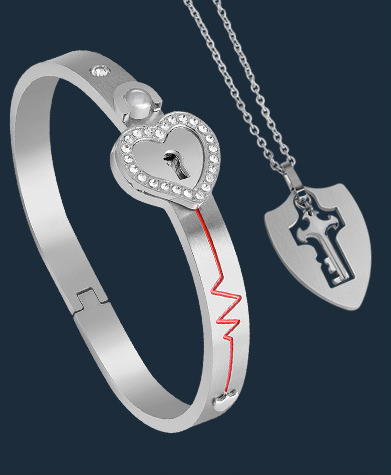 Couple Diamond Heart Lock Bracelet & Necklace Set | Titanium Steel | 4 Colors