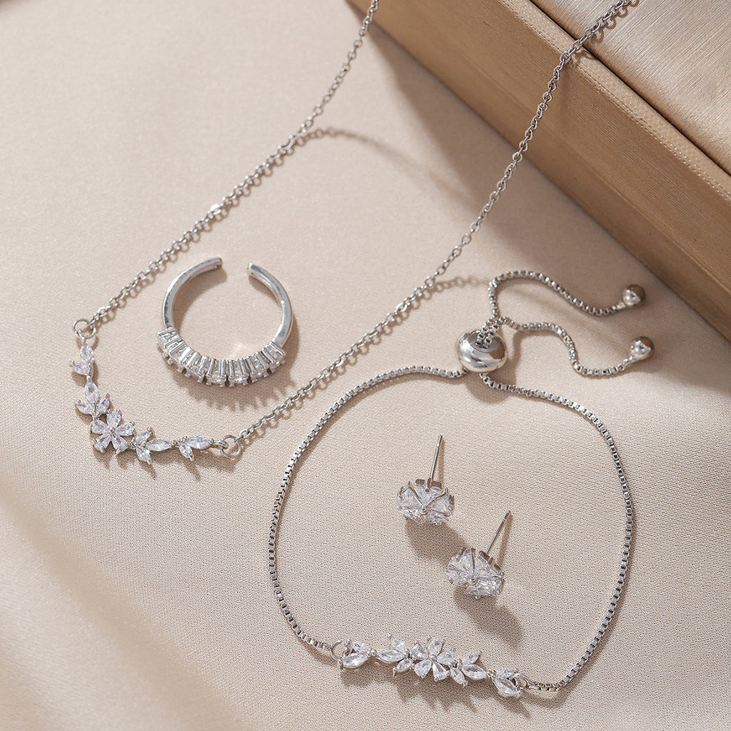 Silver Flower Zircon Jewelry Set | 5-Piece Complete Look