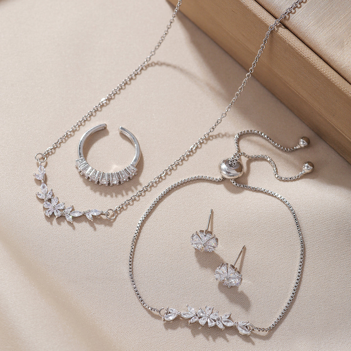 Silver Flower Zircon Jewelry Set | 5-Piece Complete Look