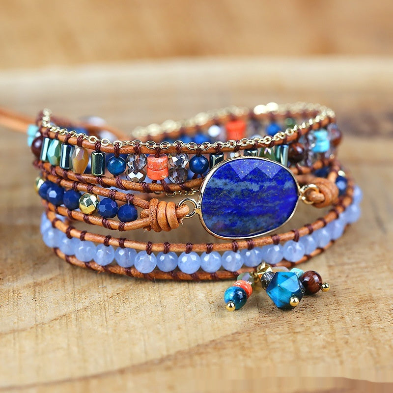 Lapis Lazuli Bezel-Set Multi-Layer Wax Cord Bracelet | Hand-Knitted | Artistic Retro