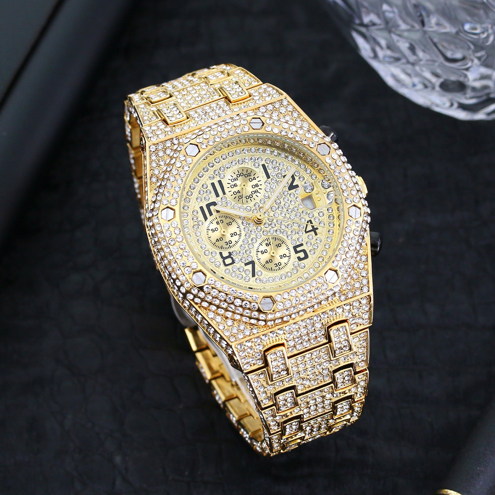 Full Diamond Three-Eye Chronograph Men's Watch | Gold & Silver