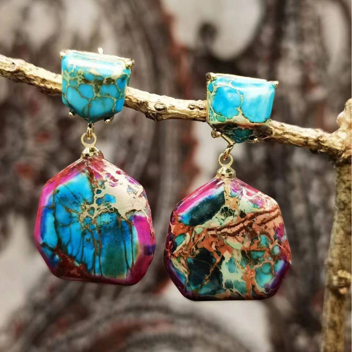 Emperor Stone Geometric Earrings | Ethnic Retro Style | 5 Natural Stone Colors