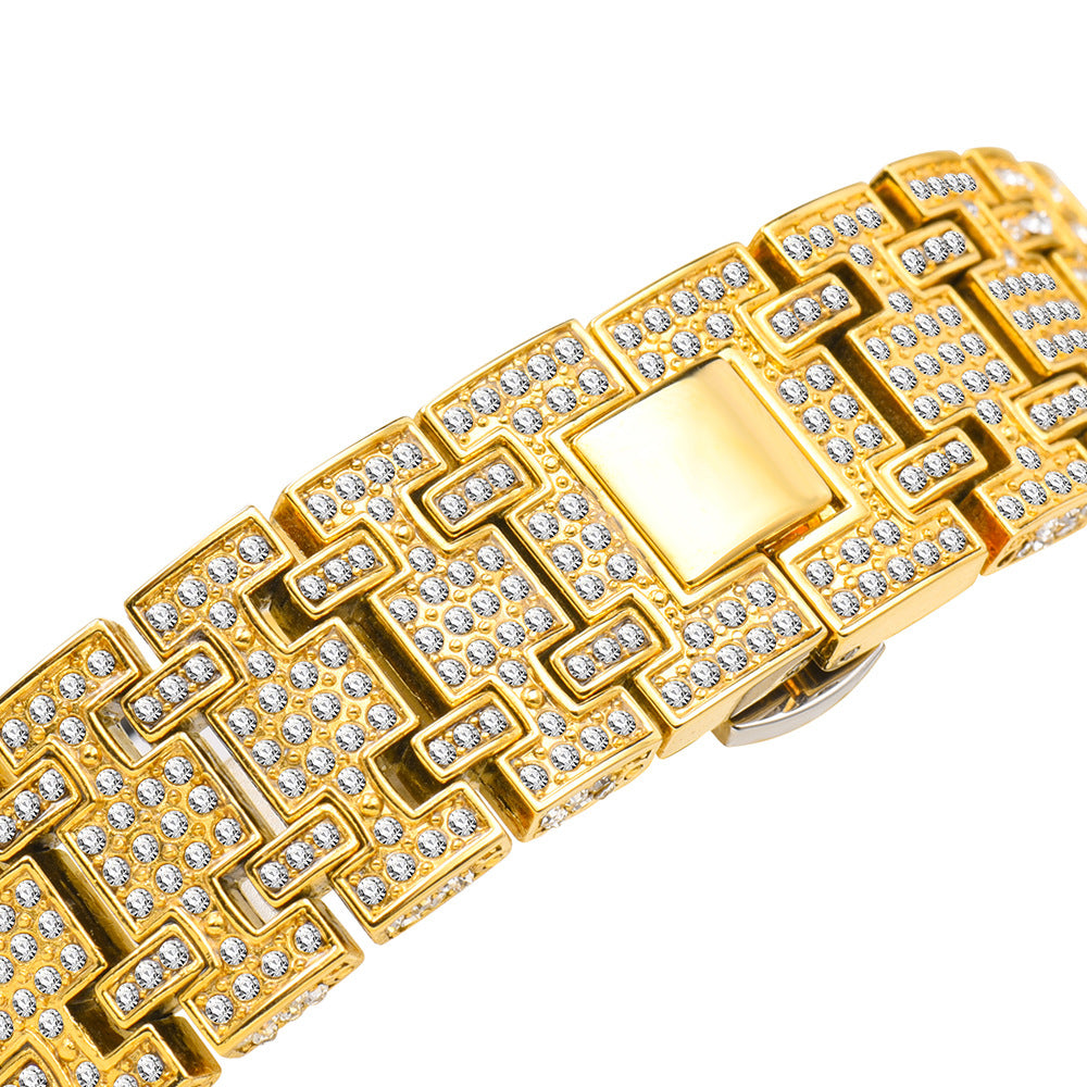 Full Diamond Three-Eye Chronograph Men's Watch | Gold & Silver
