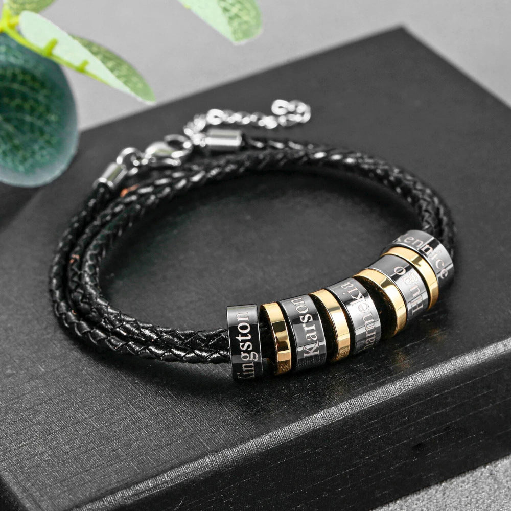 Men's Braided Leather Cord Bracelet | Stainless Steel Beads | 1–8 Bead Pairs