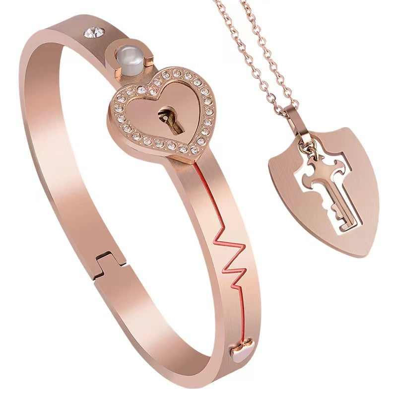 Couple Diamond Heart Lock Bracelet & Necklace Set | Titanium Steel | 4 Colors