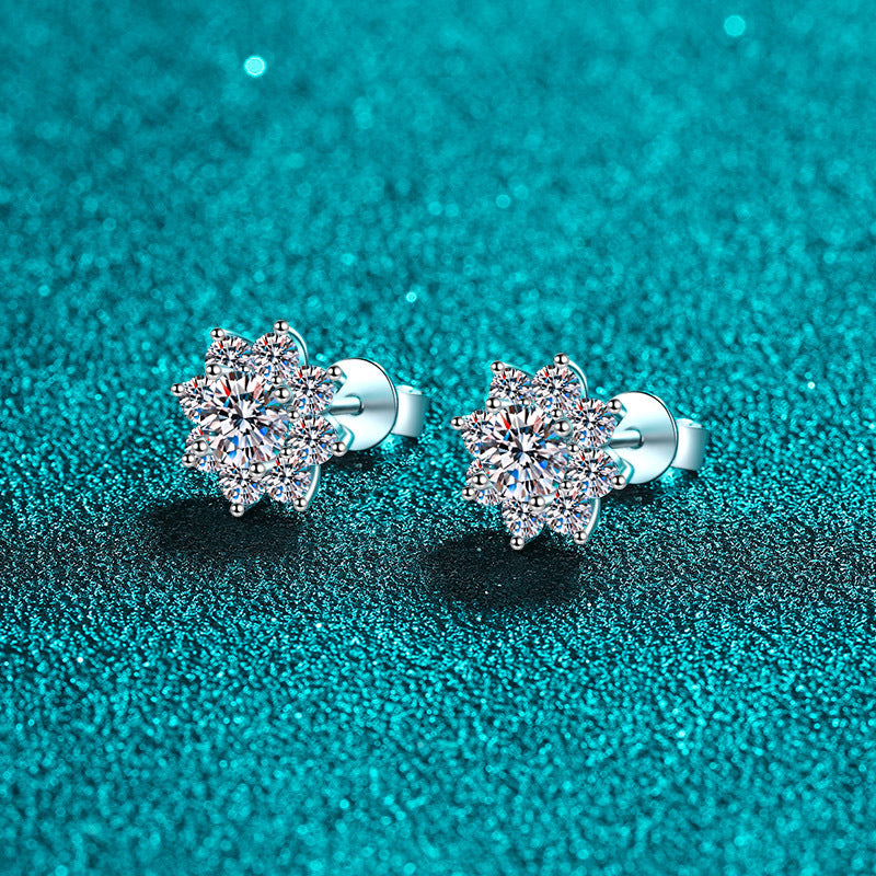S925 Sterling Silver Snowflake Moissanite Stud Earrings | 6 Stone Sizes | Chinese Floral Style