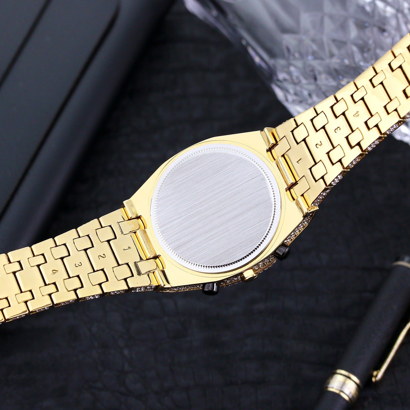 Full Diamond Three-Eye Chronograph Men's Watch | Gold & Silver