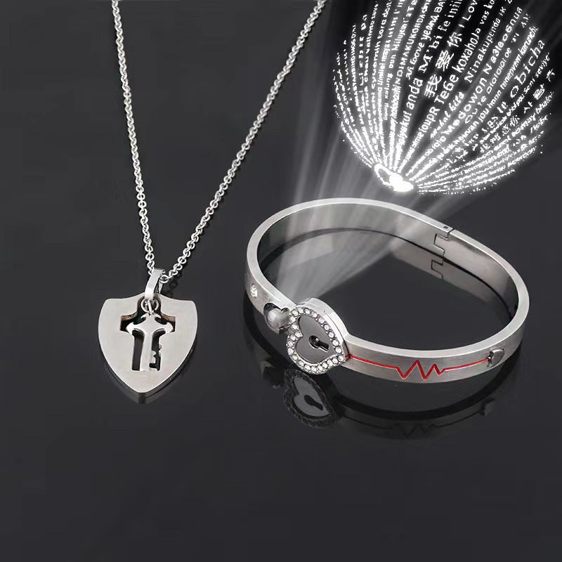 Couple Diamond Heart Lock Bracelet & Necklace Set | Titanium Steel | 4 Colors
