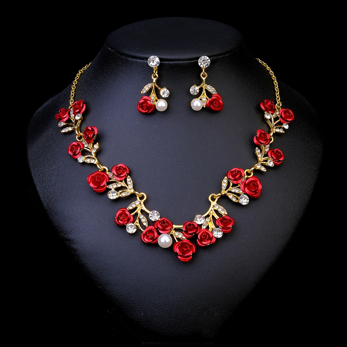 Rhinestone Necklace & Earrings Jewelry Set | Heart, Water Drop & Bell | 21 Colors | Bridal & Evening