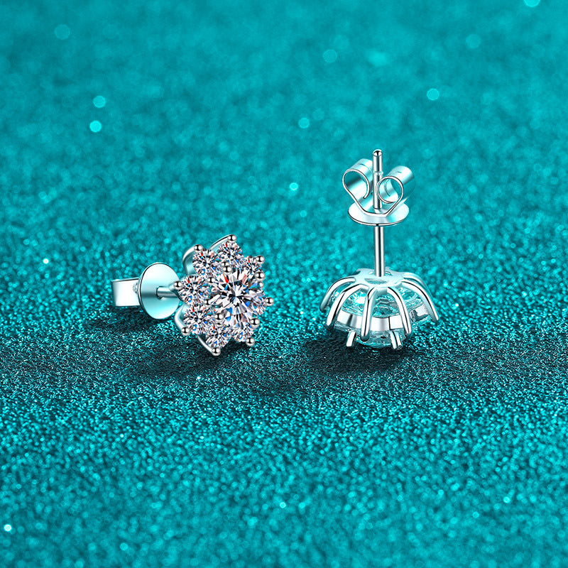 S925 Sterling Silver Snowflake Moissanite Stud Earrings | 6 Stone Sizes | Chinese Floral Style