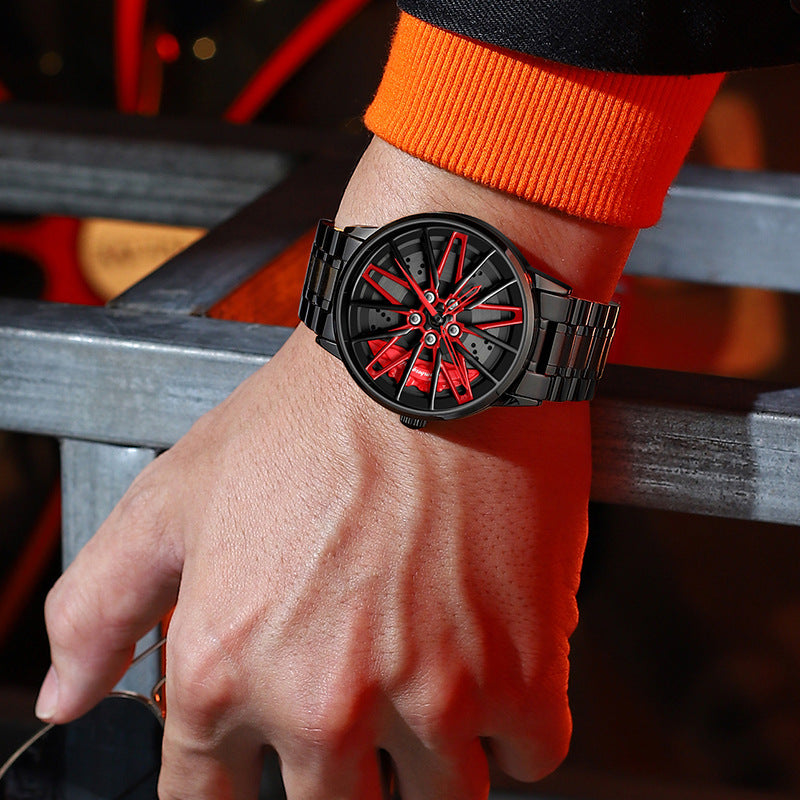 Huracan Rotating Wheel 3D Hollow Men's Watch | All Black | 44mm | Quartz | Red & Yellow