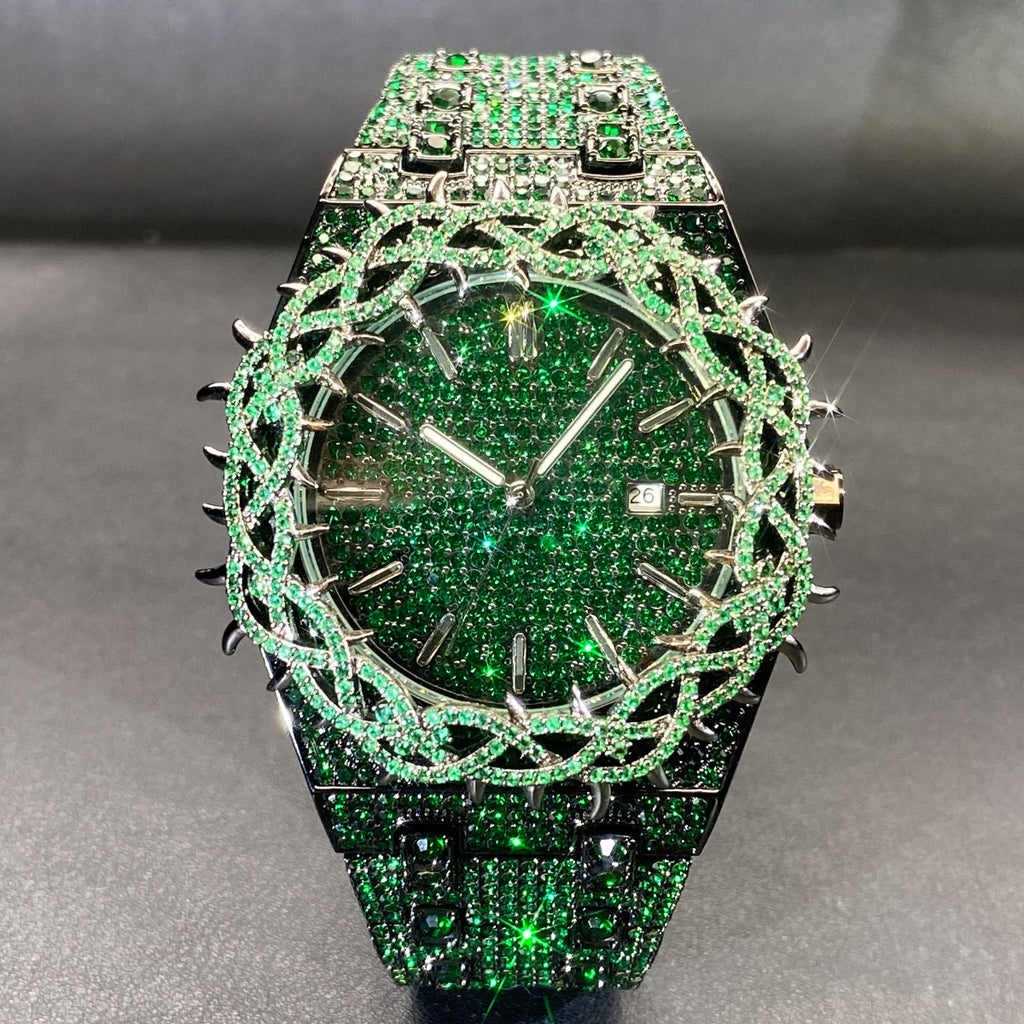 Hip-Hop Men's Watch | Full Zircon Diamond Inlay | Black & Green