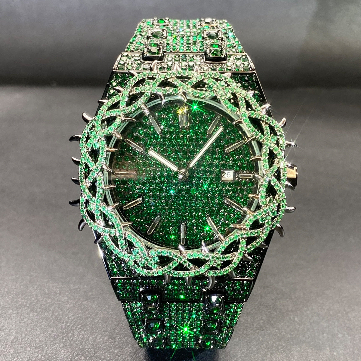 Hip-Hop Men's Watch | Full Zircon Diamond Inlay | Black & Green