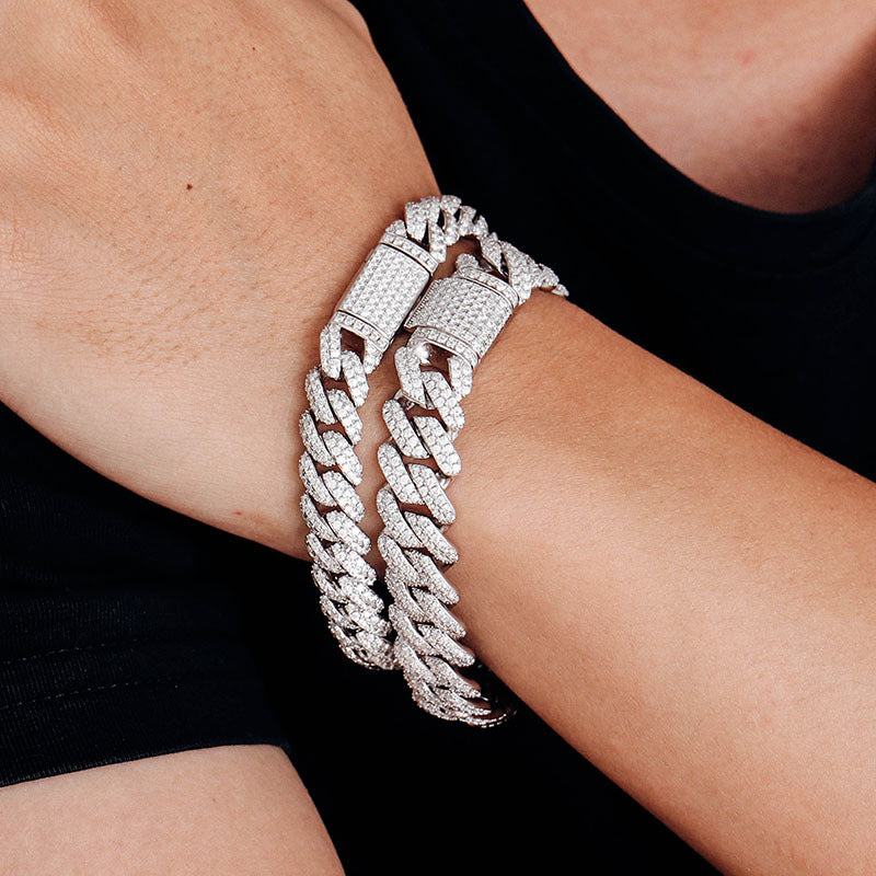 Moissanite Double-Row Cuban Bracelet | Silver | 10mm & 14mm | Beveled Edge
