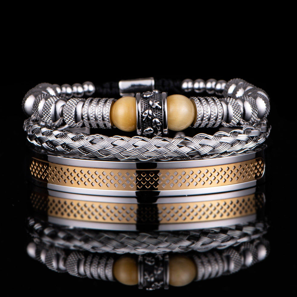 Men's Skull & Tiger Eye Bracelet Set | Stainless Steel | Black, Blue & Gold