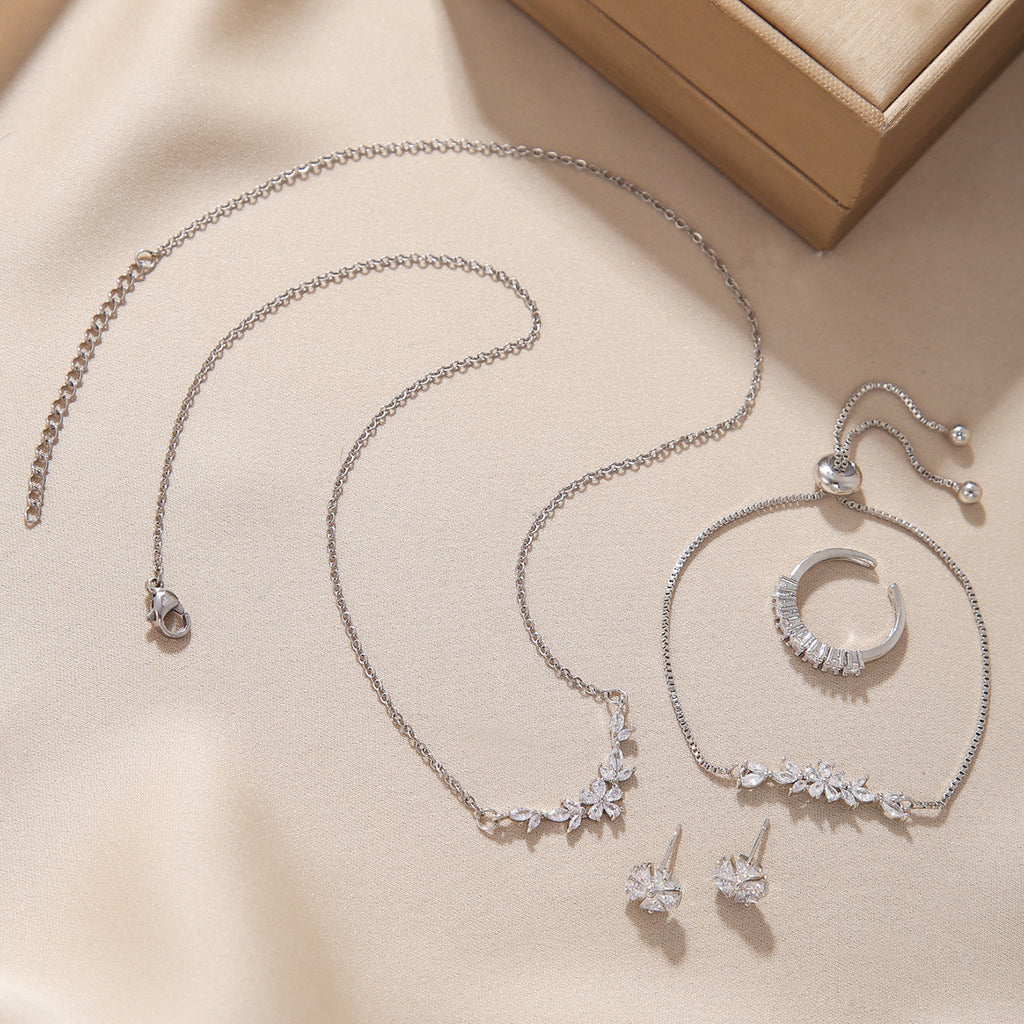 Silver Flower Zircon Jewelry Set | 5-Piece Complete Look