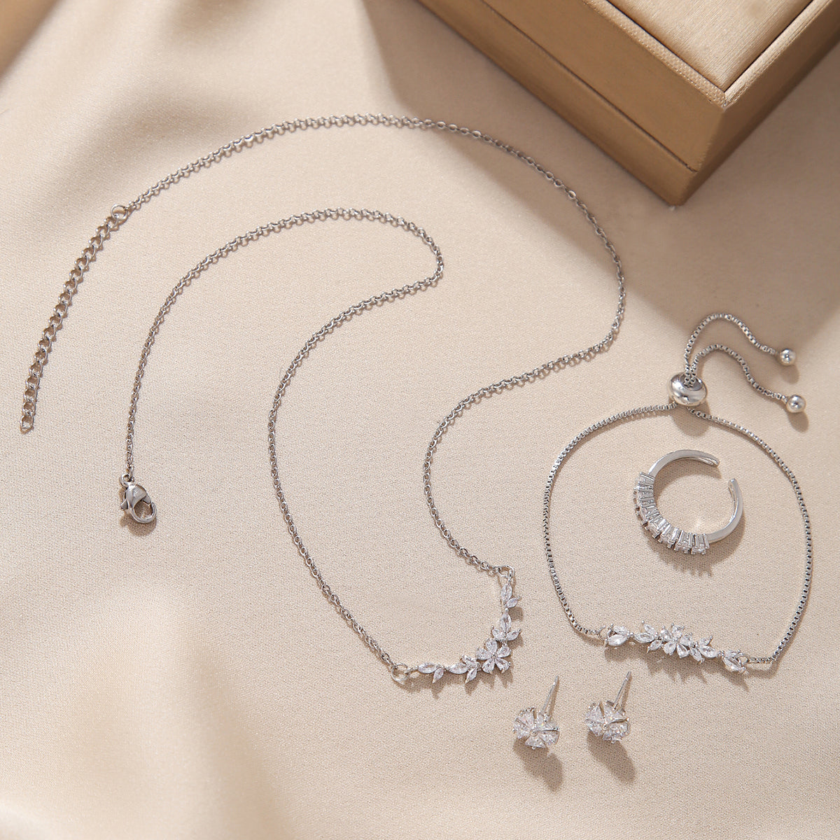 Silver Flower Zircon Jewelry Set | 5-Piece Complete Look