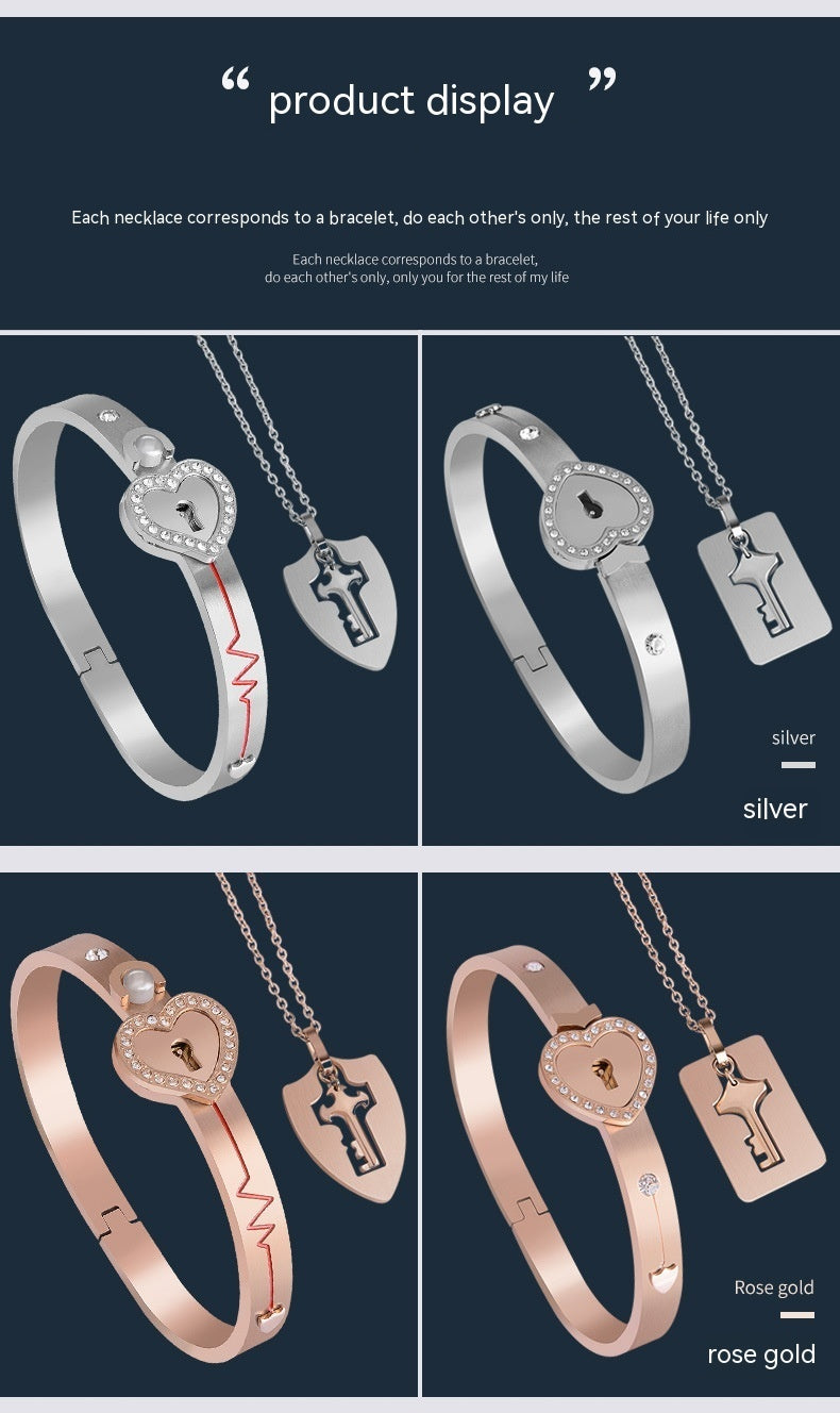 Couple Diamond Heart Lock Bracelet & Necklace Set | Titanium Steel | 4 Colors