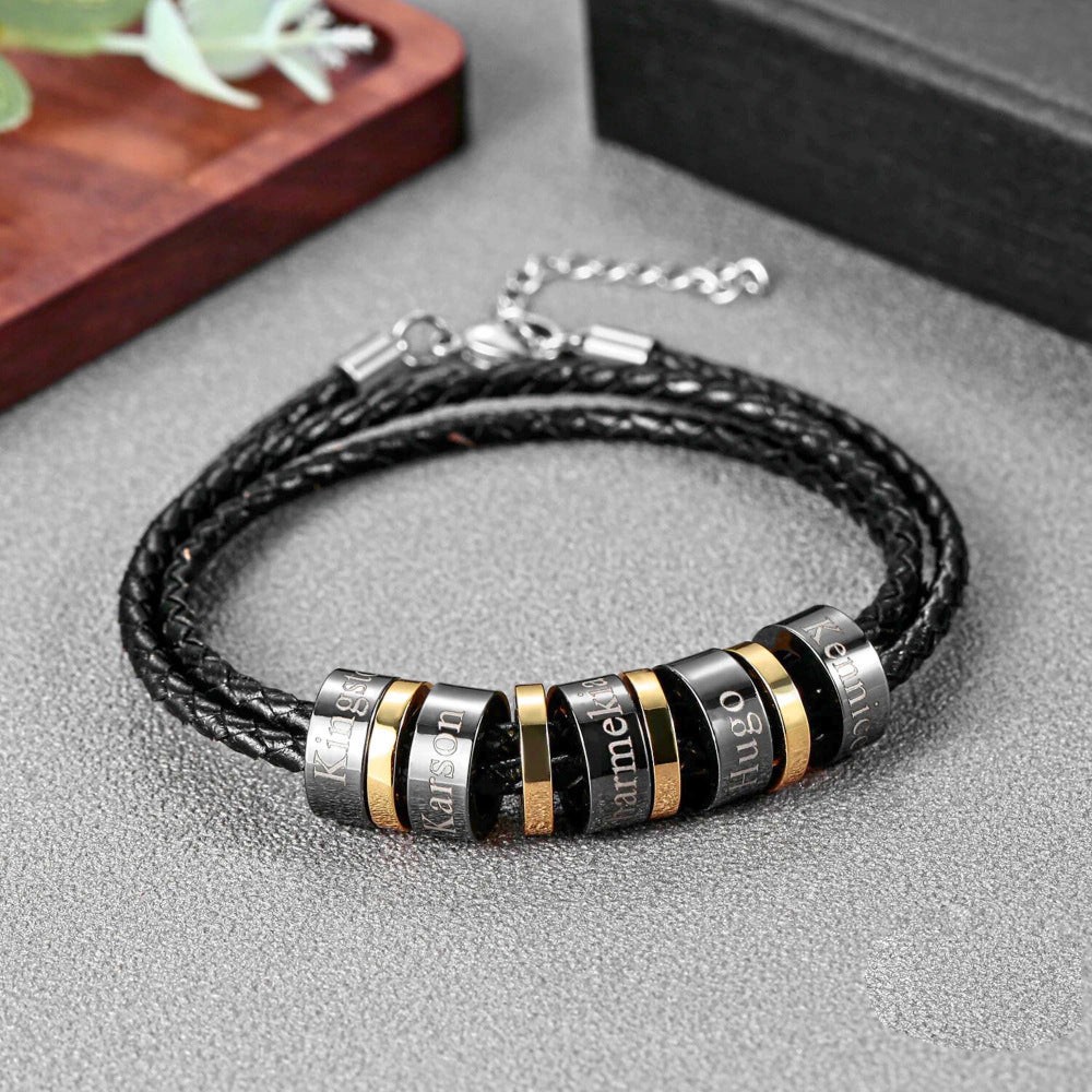 Men's Braided Leather Cord Bracelet | Stainless Steel Beads | 1–8 Bead Pairs