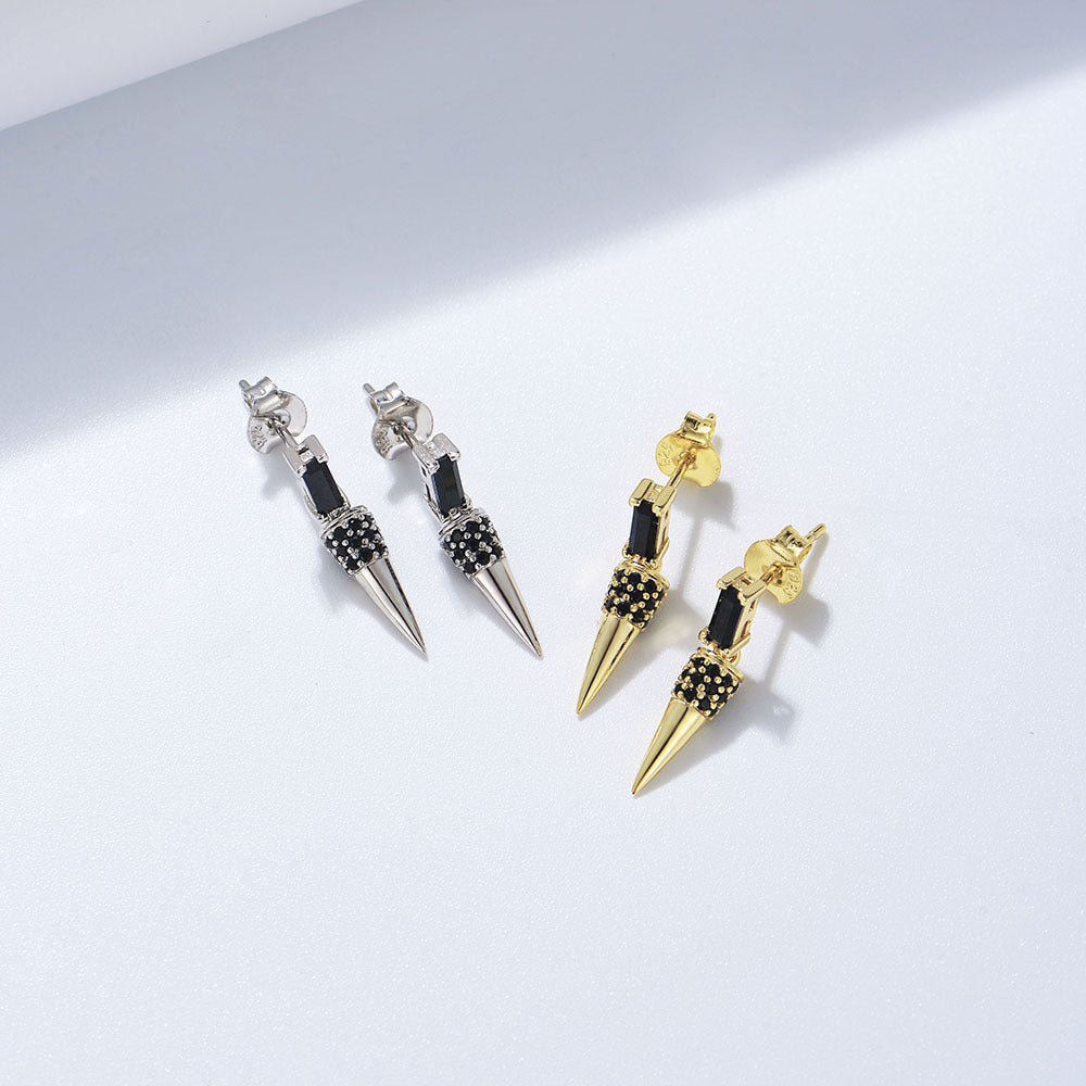 S925 Sterling Silver Cone Earrings | Black Zircon Inlay | Triangle Geometric | White & Yellow