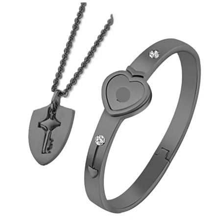 Couple Diamond Heart Lock Bracelet & Necklace Set | Titanium Steel | 4 Colors